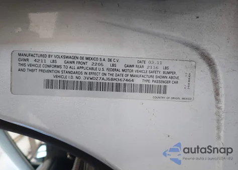 2011 Volkswagen Jetta 2.5L Se from USA, damaged, VIN 3VWDZ7AJ5BM367464